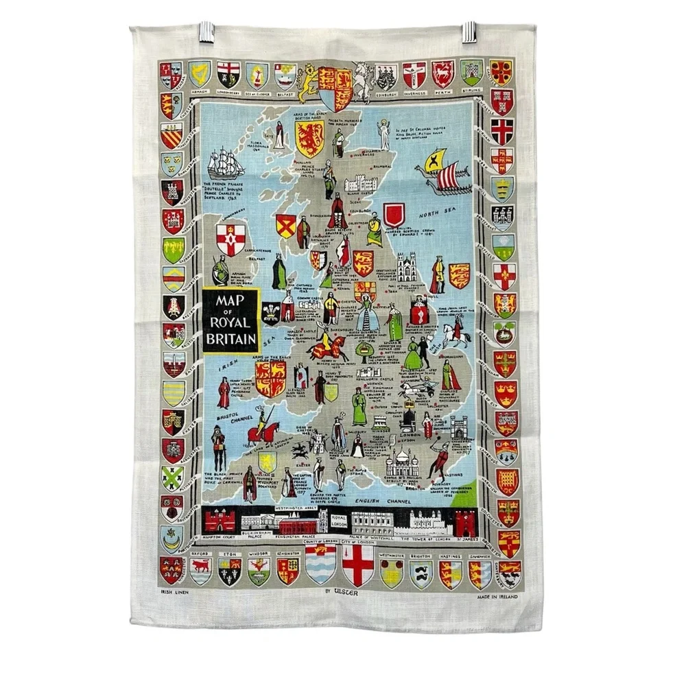 Irish Linen Map of Royal Britain Tea Towel Kitchen Decor Vintage Souvenir